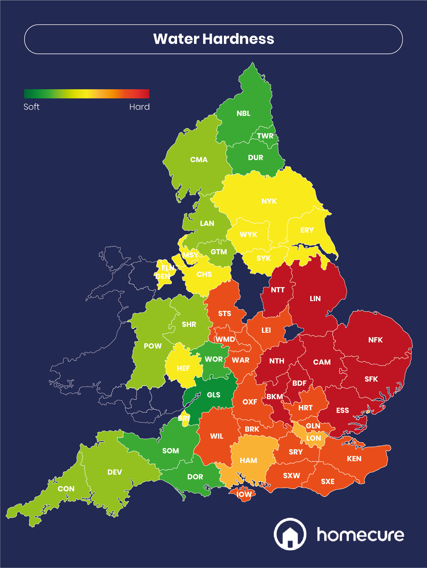 Map showing which UK counties have the hardest and softest water?