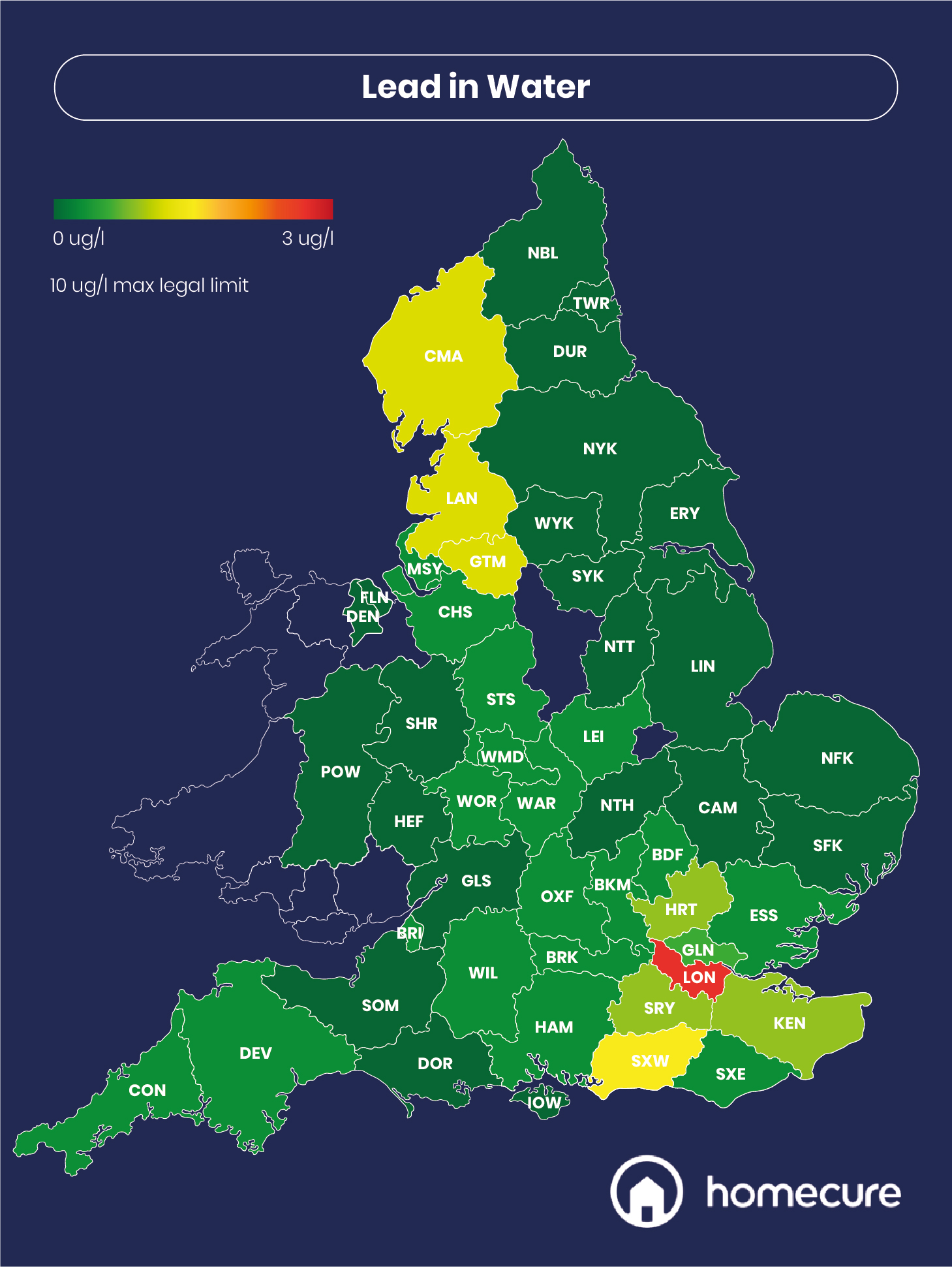 The UK counties with the highest levels of lead in water quality tests?